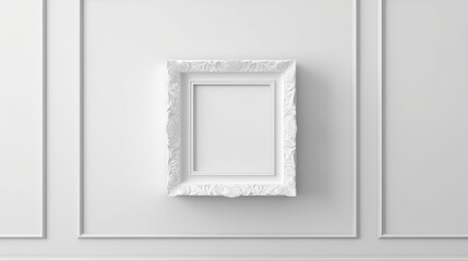 White backdrop with a white frame. Contemporary photo frame with a blank white border and a simple white wall template. Generative AI