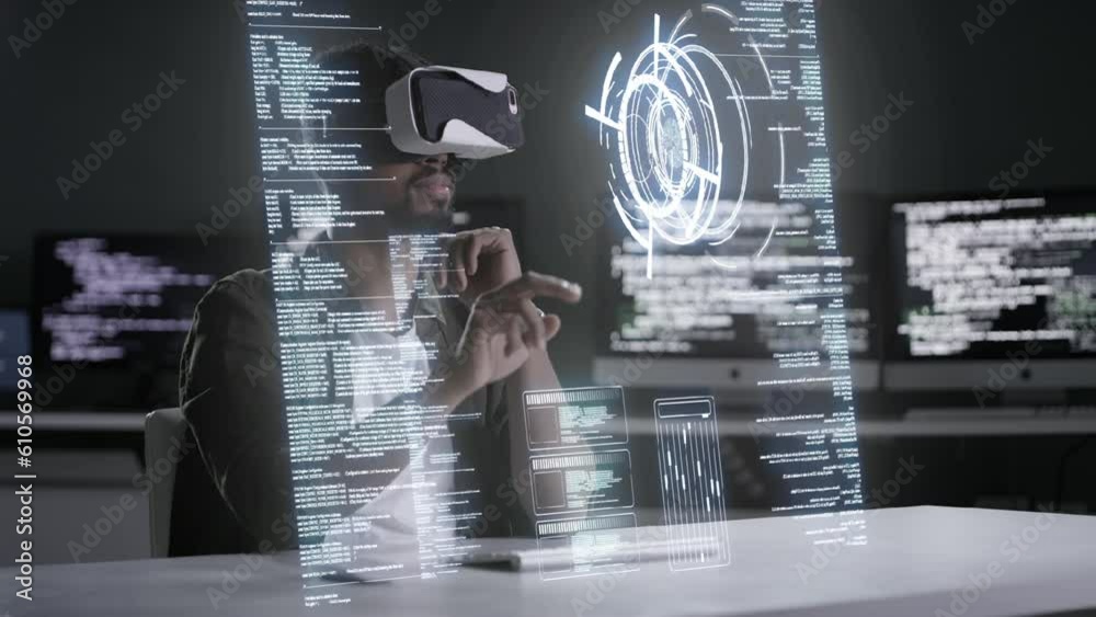 Poster Hologram, man or programmer with virtual reality glasses, digital software or update server. Male person, developer or professional with security analysis, vr or holographic with big data or database