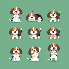 Cartoon beagle puppies in various poses, Set of cute pet drawings.