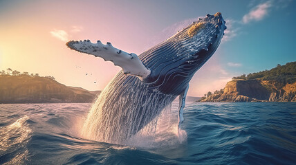 Humpback whale jumps out of the water. Beautiful jump. Generative Ai - obrazy, fototapety, plakaty