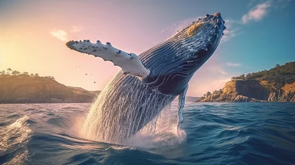 Muurstickers Humpback whale jumps out of the water. Beautiful jump. Generative Ai © Malika