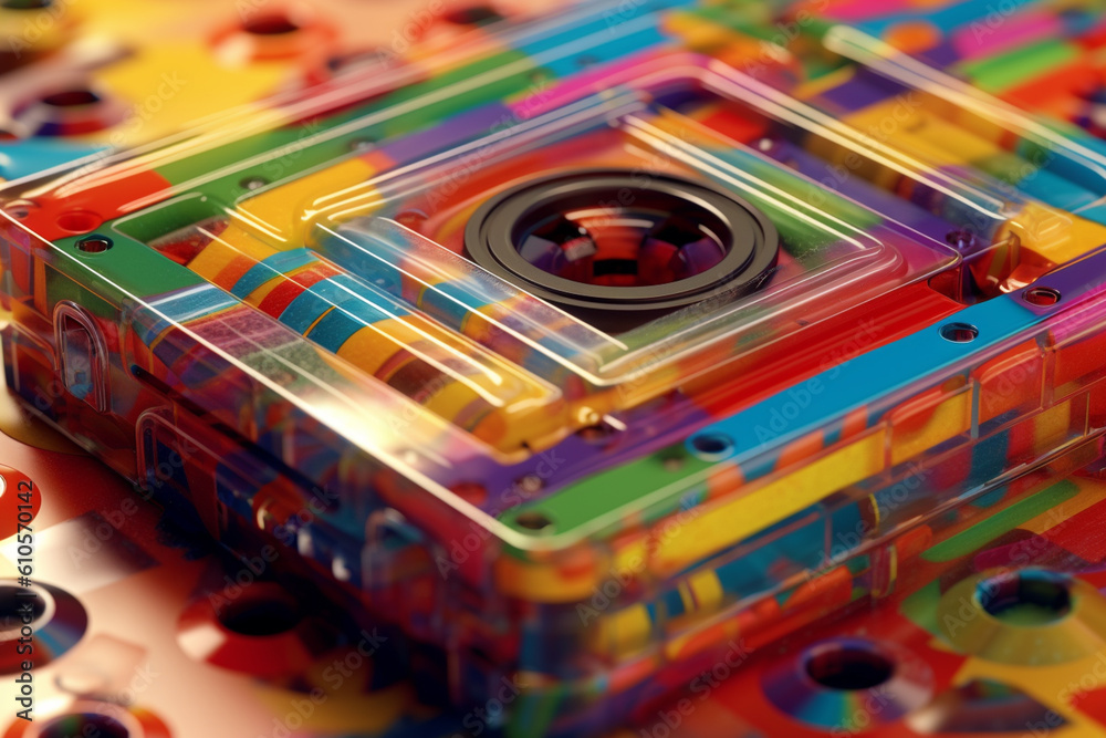 Aufkleber A close-up image of a cassette tape's cassette shell, featuring unique colors, patterns, or transparent designs.  Generative AI technology.