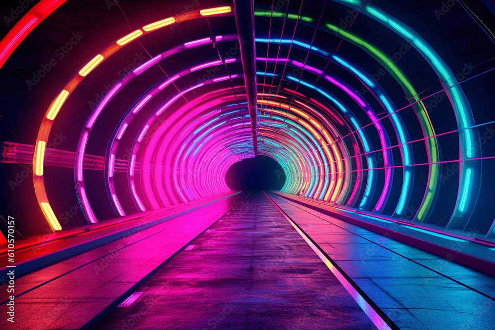 Leinwandbilder A photograph of a tunnel lit up with neon lights, creating a vibrant and surreal ambiance. Generative AI technology.