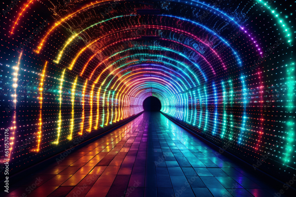 Leinwandbilder a photograph of a tunnel illuminated with a series of differently colored spotlights, giving it a li