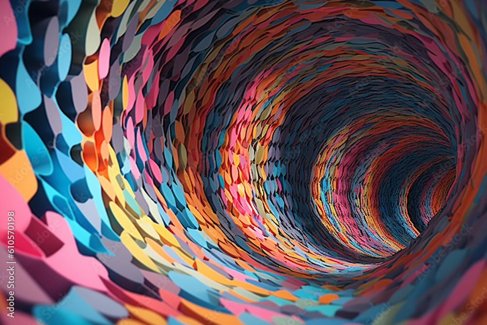 Poster A mixed media collage featuring a tunnel with layers of colorful paper cutouts, creating a three-dimensional and textured effect. Generative AI technology.