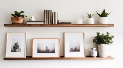 Fototapeta na wymiar White square frame and a group of indoor plants on a bookshelf. Minimal composition. Ai gerated