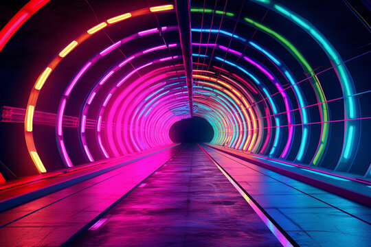 Fototapeta A photograph of a tunnel lit up with neon lights, creating a vibrant and surreal ambiance. Generative AI technology.