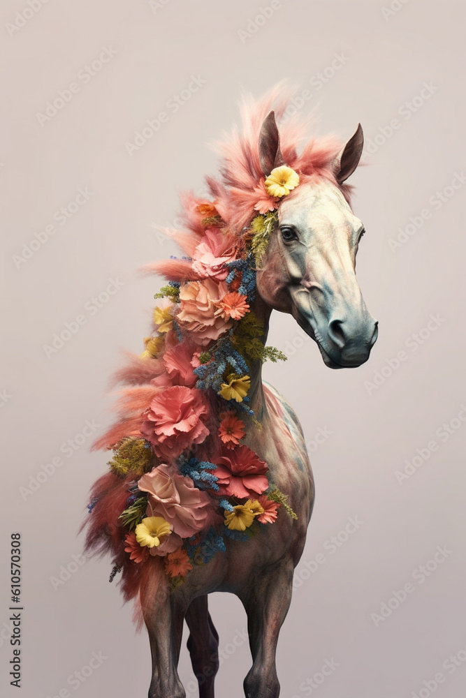 Aufkleber a conceptual image of a horse made from unconventional materials, such as flowers or feathers, chall
