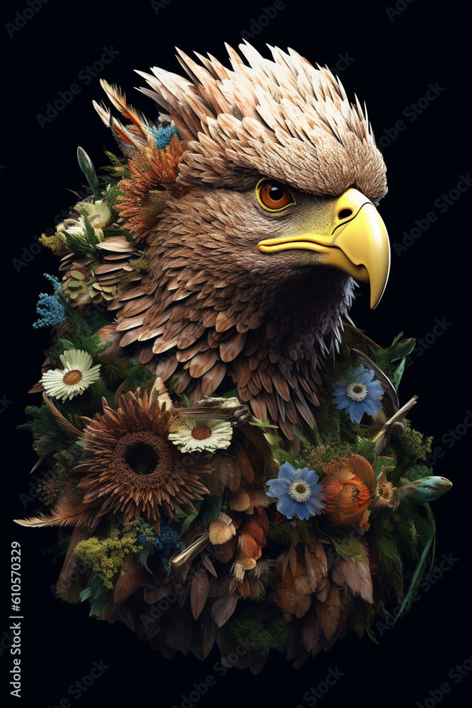 Poster a conceptual image of a eagle made from unconventional materials, such as flowers or feathers, chall