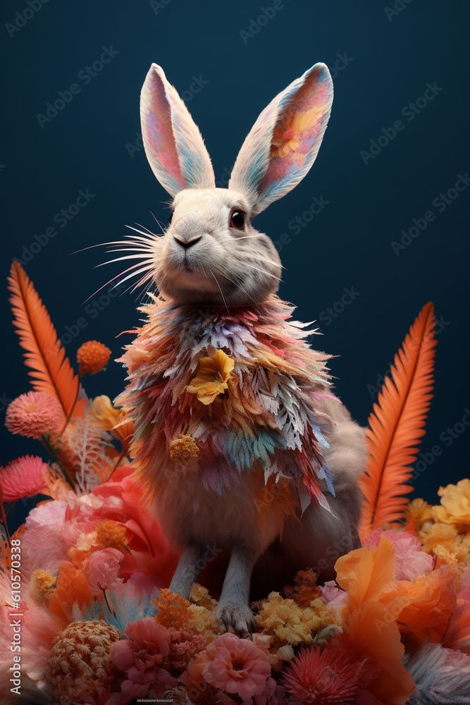 Poster A conceptual image of a Rabbit made from unconventional materials, such as flowers or feathers, challenging the perception of Rabbit as solely utilitarian objects.  Generative AI technology.