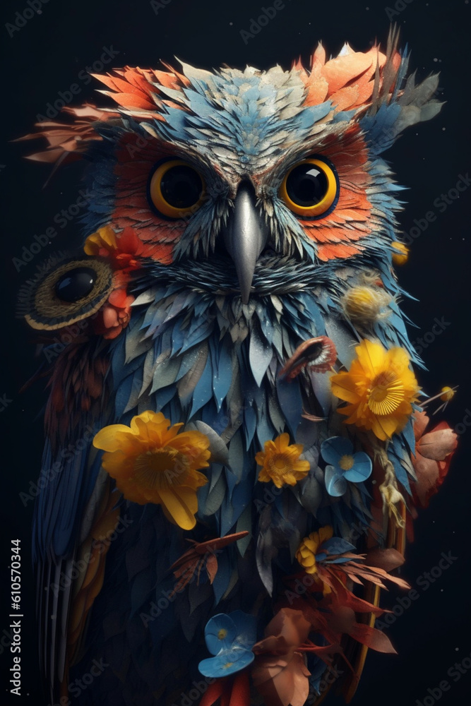 Fototapete a conceptual image of a owl made from unconventional materials, such as flowers or feathers, challen
