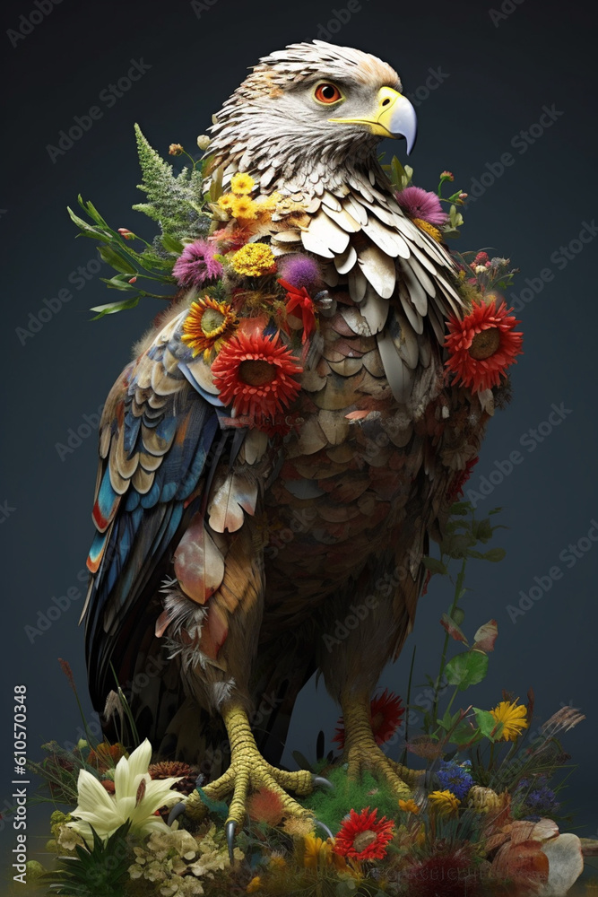 Poster A conceptual image of a Hawk made from unconventional materials, such as flowers or feathers, challenging the perception of Hawk as solely utilitarian objects. Generative AI technology.