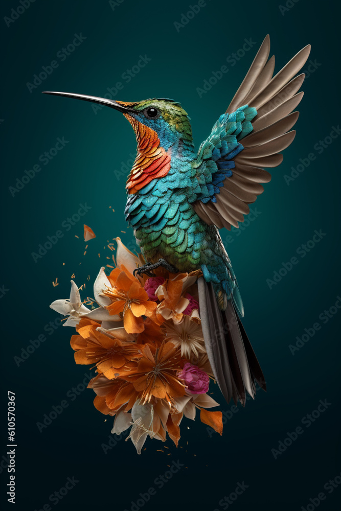 Aufkleber A conceptual image of a Hummingbird made from unconventional materials, such as flowers or feathers, challenging the perception of Hummingbird as solely utilitarian objects.  Generative AI technology.
