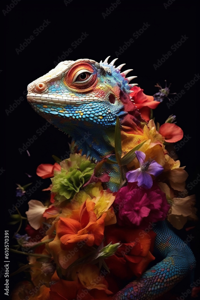 Aufkleber A conceptual image of a Lizard made from unconventional materials, such as flowers or feathers, challenging the perception of Lizard as solely utilitarian objects.  Generative AI technology.