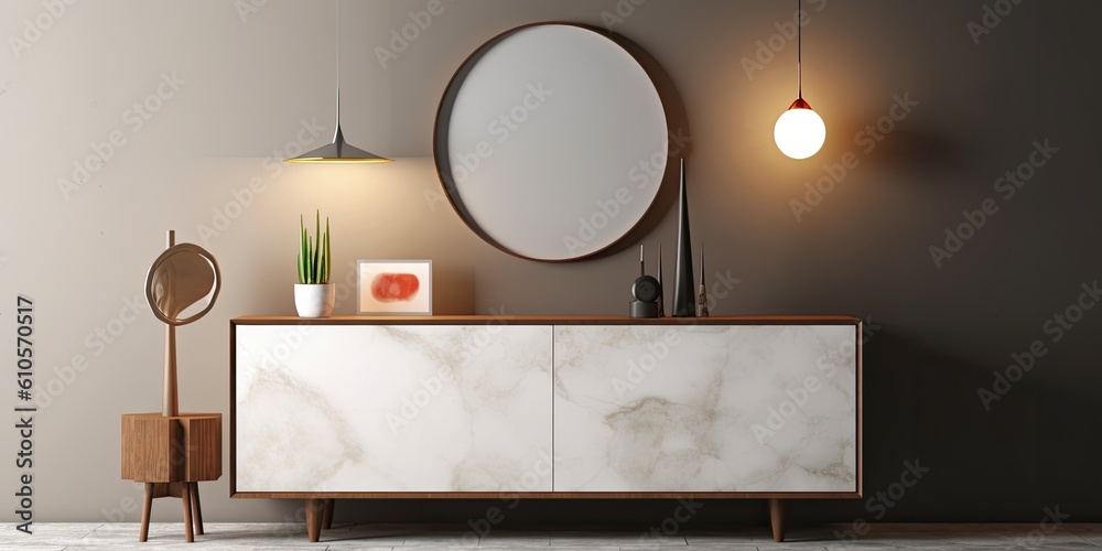 Poster interior scene and mockup, sideboard, built-in wall d�cor, an open door, a white marble pattern, and