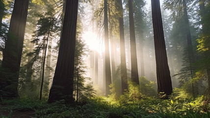 several redwood trees with thick fog surrounding them. Generative Ai