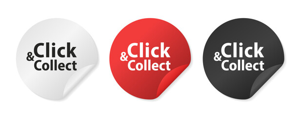 Click and collect stickers. Commercial label, badge or sticker. Mouse cursor or Hand pointer. Concept online order or internet shopping. Ecommerce, internet sales and retail. Vector illustration