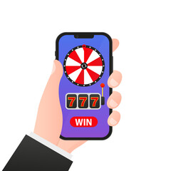 Phone with online Casino flat design on a screen. Flat design banner jackpot poker dice roulette games. Bets, slots, roulette, winning, profit, bookmaker. Gamble concept. Vector illustration