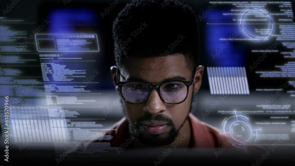 Leinwandbilder Hologram, man and programmer with computer coding, online reading and digital software in workplace. African male person, developer and employee with security analysis, programming and holographic