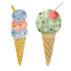 Ice cream set of watercolor illustrations.