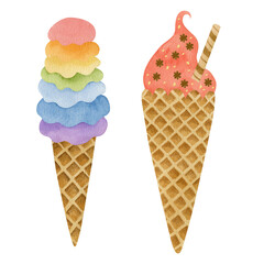 Ice cream set of watercolor illustrations.