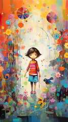 Child walking down flowery path cartoon painting