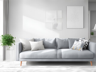 gray sofa, wood-colored wall, in a modern living room in a Scandinavian style. 3D rendering