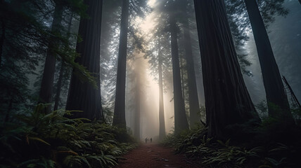several redwood trees with thick fog surrounding them. Generative Ai
