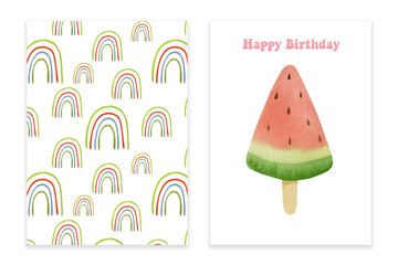 Ice cream watercolor illustration, Happy birthday greeting card.