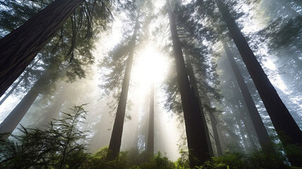 Fototapeta na wymiar several redwood trees with thick fog surrounding them. Generative Ai