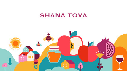 Rosh Hashanah background, banner, flat geometric style. Shana Tova, Happy Jewish New Year, concept design
