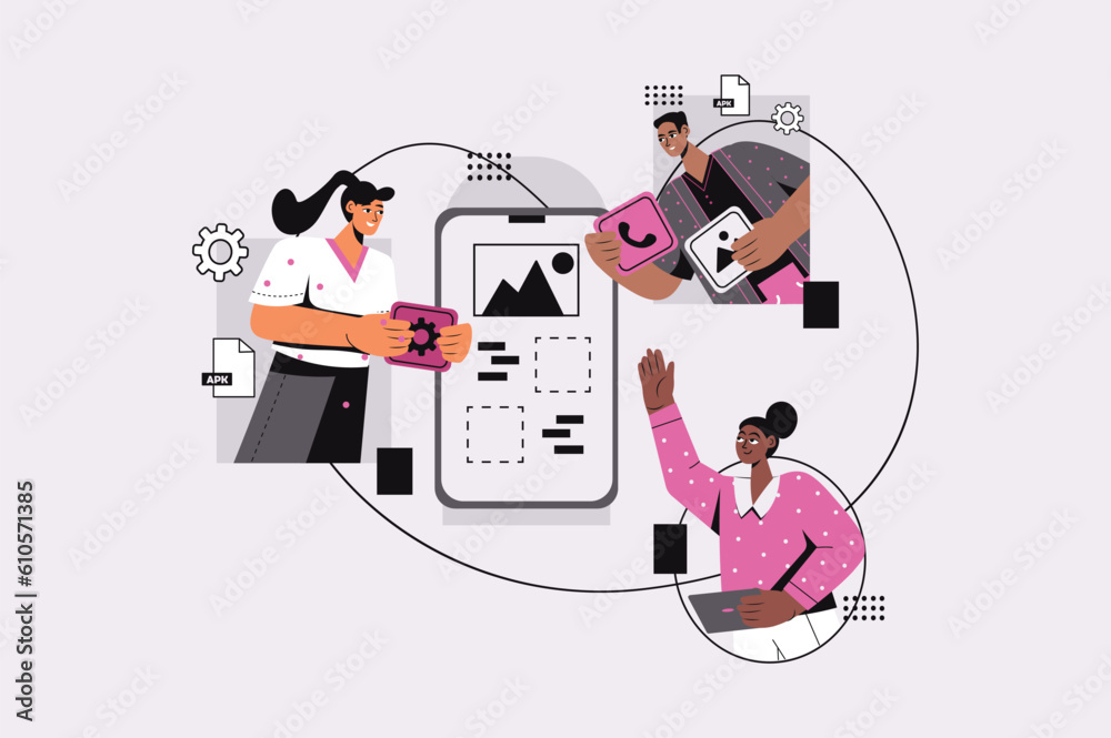 Poster app development concept with people scene in the flat cartoon style. a team of developers is working