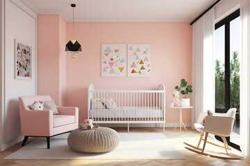Modern baby room in pastel pink colors, wooden detail and baby interior