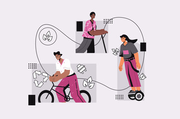Concept Ecological transport with people scene in the flat cartoon design. Young people prefer eco transport in order not to pollute the environment. Vector illustration.