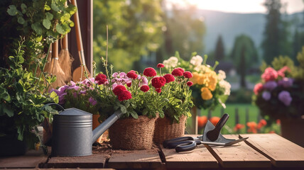 Fototapeta na wymiar Gardening tools and flowers on the terrace in the garden. Generative Ai