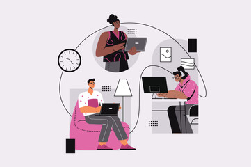 Freelance concept with people scene in the flat cartoon style. Young people work on a freelance basis and perform tasks from different parts of the world. Vector illustration.