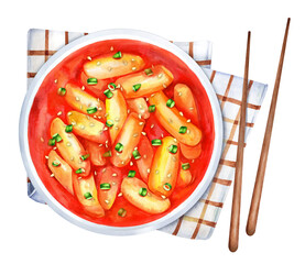 Tteokbokki or korean spicy rice cake. Watercolor illustration