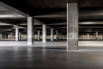 Empty underground parking lot or garage interior with concrete columns - obrazy, fototapety, plakaty
