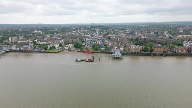Aerial drone view of the town Gravesend and the river Thames in England.