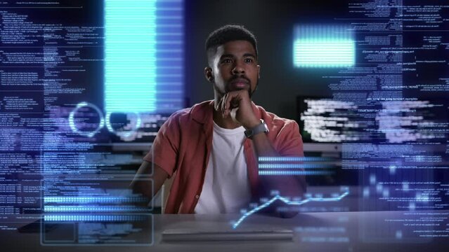 Hologram, man and programmer with code, focus and digital software with big data, server or cyber security. Male person, developer or employee with analysis, database and holographic with programming