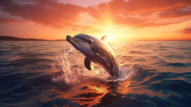 beautiful dolphin leaping jumping from shining sunset sea water surface. Generative Ai