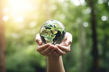 Environment Earth Day In the hands holding green earth on Bokeh green Background Saving environment and environmentally sustainable, Save Earth, Concept of the Environment World Earth Day