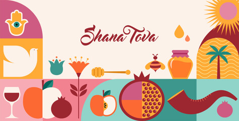 Rosh Hashanah background, banner with icons in flat geometric style. Shana Tova, Happy Jewish New Year, concept design