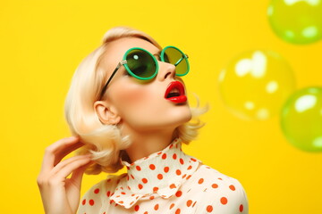 Close up fashion studio photo of an elegant blond woman in trendy red lipstick on yellow background. Vibrant colors - obrazy, fototapety, plakaty