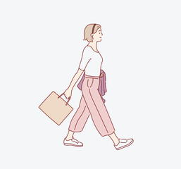 Full length body size photo of young girl walking. Hand drawn style vector design illustrations.