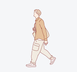 Full length body size photo of young man walking. Hand drawn style vector design illustrations.