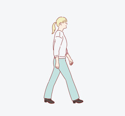 Full length body size photo of young girl walking. Hand drawn style vector design illustrations.