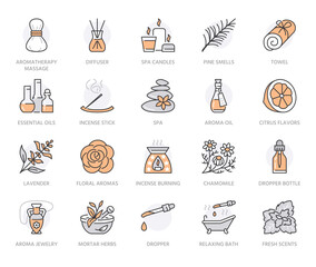 Modern vector line icon of aromatherapy and essential oils. Elements - aromatherapy diffuser, candles, incense sticks, herbal bags. Linear pictogram for aroma spa salon. Orange color. Editable stroke