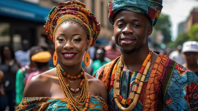 Beautiful african american woman in traditional dress and handsome black man smiling and looking at camera.AI Generative