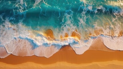 Top view of ocean waves on sandy beach landscape. Beautiful seascape background. Generative AI